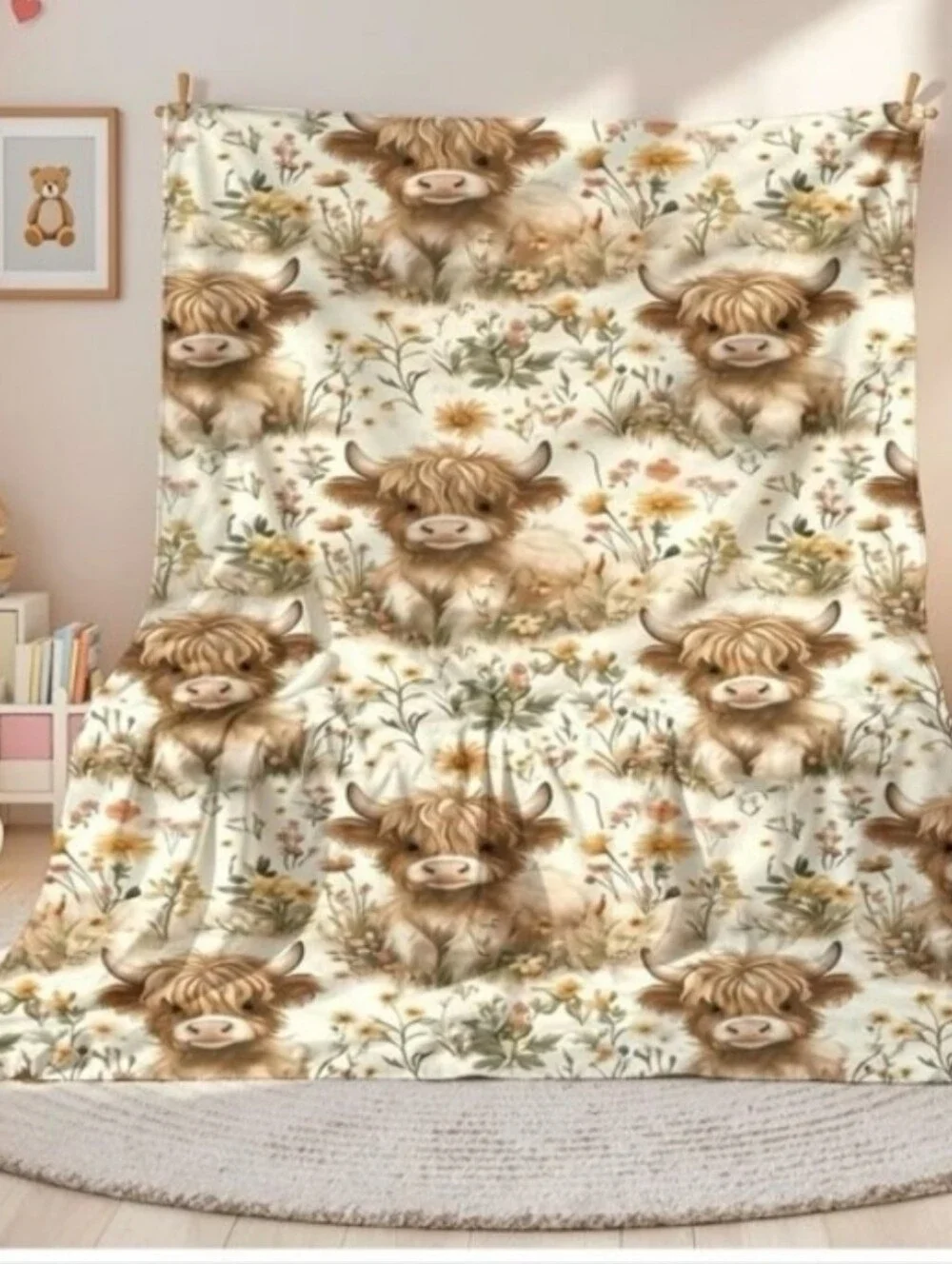 Source Unknown Cream Highland Cow Floral Throw Blanket